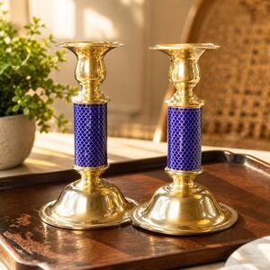 Vintage Neiman Marcus Brass Cloisonne Candlestick Holders Cobalt Blue Fish Scale